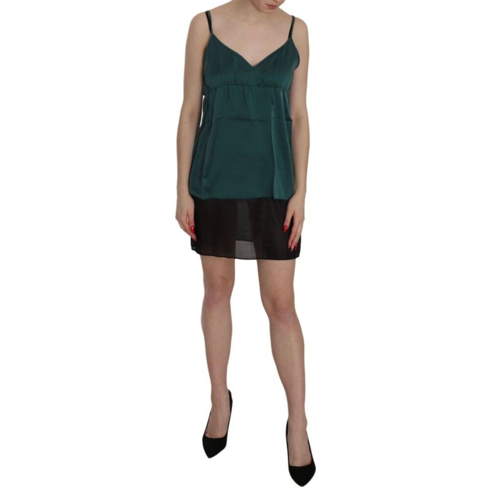 PINK MEMORIES Silk Green Spaghetti Strap Shift Mini Women's Dress